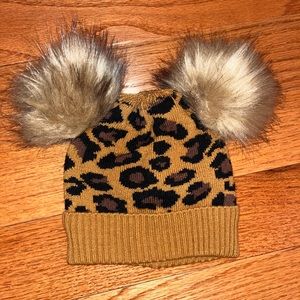 GAP Leopard Print Kids Hat with Faux Fur Pom Poms
